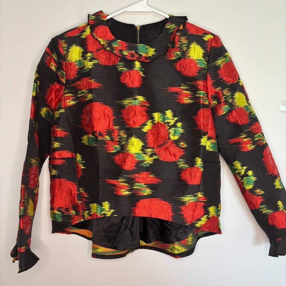 BOPOS Top Women's M Black Red Yellow Green Zipper Pullover Hi Lo Hem Unique